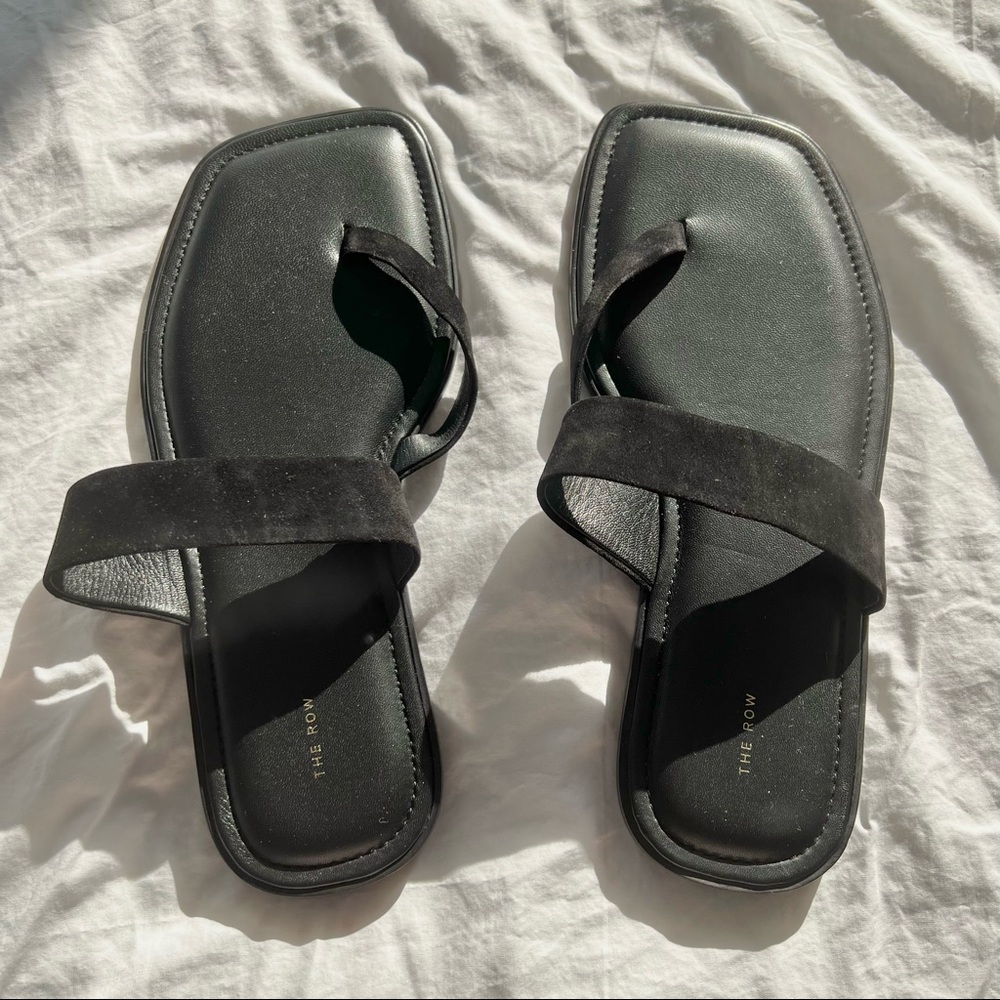 The Row black suede & leather thong strap slides sandals flats IT 37